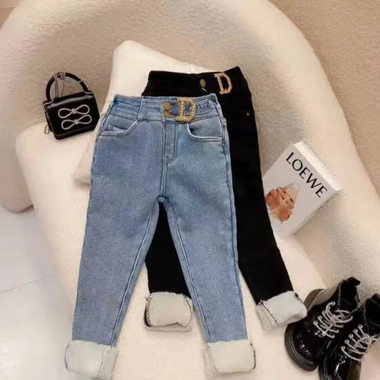 Kids Girls Jeans Autumn And Winter Thickened One Piece Plush New Small And Medium Girl Baby Pants Fashionable  Children's Pants