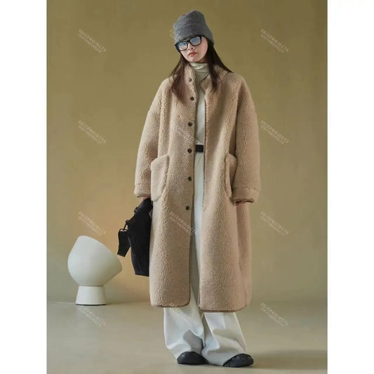 New Winter Style Korean Chic Stand Collar Lamb Wool Coat Thick Warm Jacket For Women Loose Fit Other Pattern Overcoat