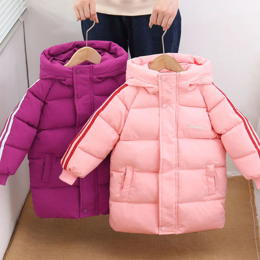 2024 Winter Children Long Downcoats Korean Fashion Girls Boys Casual Cotton Thicken Warm Hooded Jackets Kids Windproof Outerwear