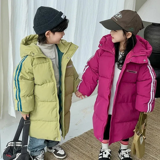 New Fashion Children Long Down Jackets for Boys Girls Autumn Winter Teen Cotton-Padded Kids Solid Casual Hooded Coats Outwear