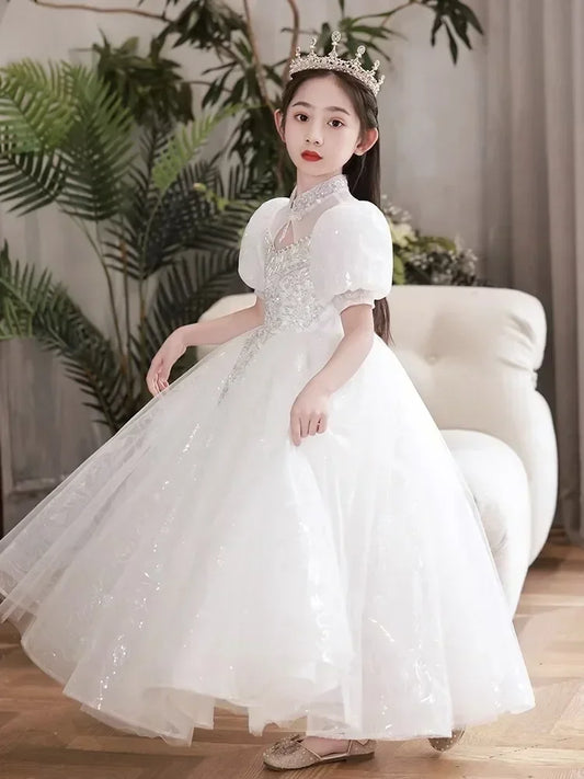 Children's piano performance dress, little girl host princess dress, girl birthday party dress, flower girl white veil