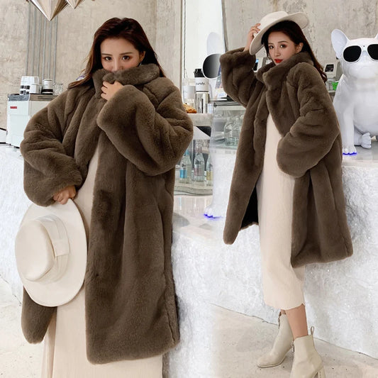 New Arrivals Long Faux Fur Coats Women Soft Thick Warm Cotton Padded Solid Color Elegant Lady Faux Fur Coat Winter Coat Women