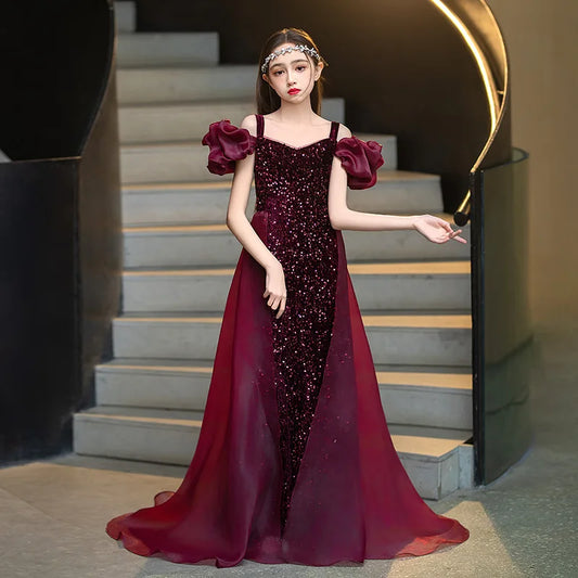 2024 Luxury Elegant Girl High End Evening Dresses Children Princess Dress Sequin Ball Gown Kids Girls Birthday Party Long Frocks