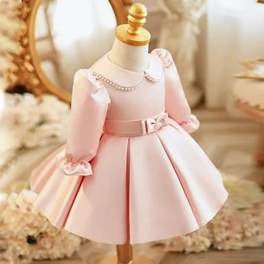 2024 New Children's Princess Ball Gown Bow Pearls Long Sleeve Design Kids Wedding Birthday Baptism Party Dresses For Eid  A3640