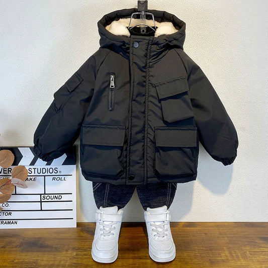 2023 Winter Boys Jacket Children Clothing Keep Warm Cotton Thicken Coats Kids Zipper Hooded Outerwear Plus Velvet Jackets