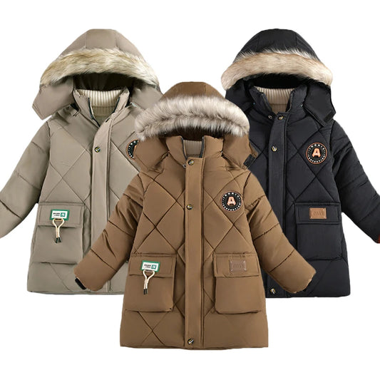 2024 Winter New Boys Jacket Solid Color Lining Plush Keep Warm Fur Collar Hooded Zipper Outerwear For 4-10Y Teen Kids Snowsuit