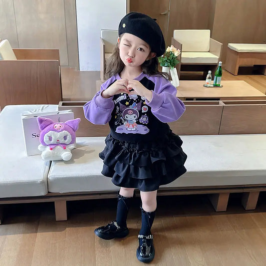 2Pcs Girls' Clothes Spring Autumn Sanrios Fashion Sweater Pleated Skirt Y2K Cartoon Tutu Skirt Kids Fashion College Style Set