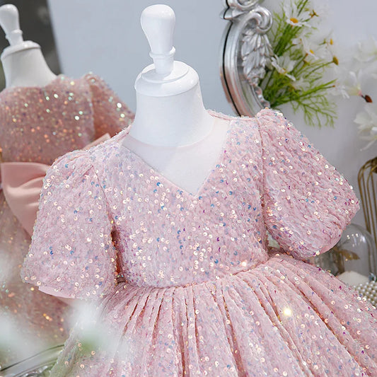 Pink Sequin Formal Dresses for Teens Girls 2022 Luxury Gowns 2 To 14 Years Kids Bow Princess Evening Short Dress Birthday Party