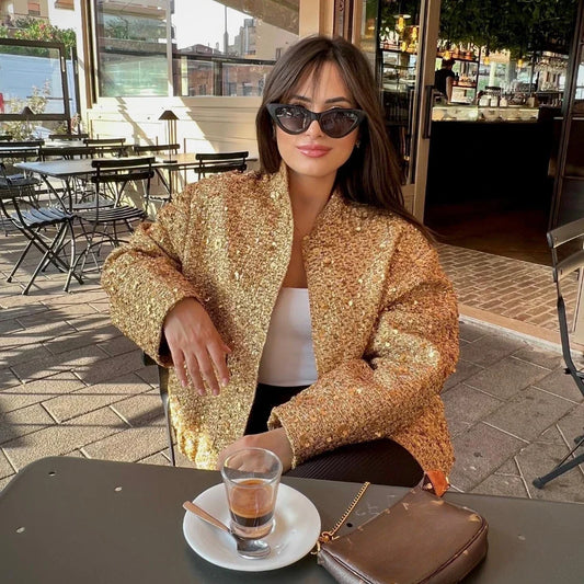 Suninheart Women's Sequined Bomber Jacket Fall O Neck Long Sleeve Pocket Stretch Hem Sequins Jacket Coat Female Chic Outerwear