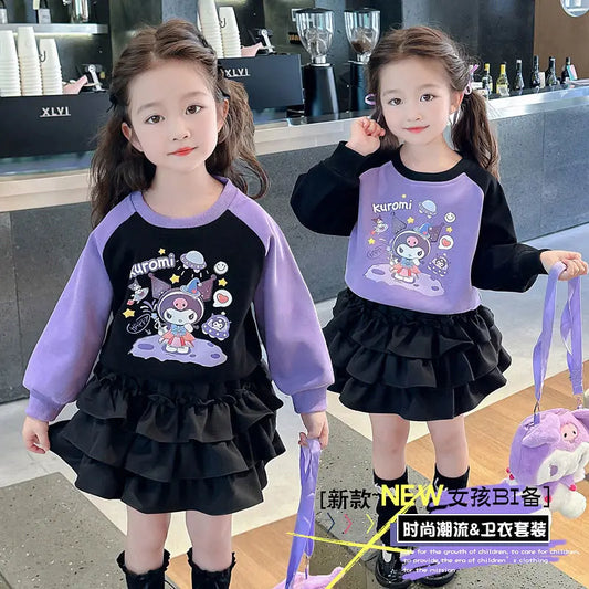 2Pcs Girls' Clothes Spring Autumn Sanrios Fashion Sweater Pleated Skirt Y2K Cartoon Tutu Skirt Kids Fashion College Style Set