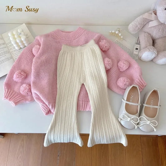 Baby Girl Princess Knitted Fluffy Ball Sweater Flared Pant Infant Toddler Child Knitwear Spring Autumn Baby Clothes 1-10Y