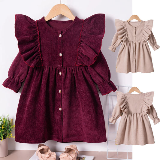 Autumn/winter Girls Fashion Dress Solid Color Children's Clothes Velvet Long-sleeved Princess Dress Fly Sleeve Sweet Comfortable