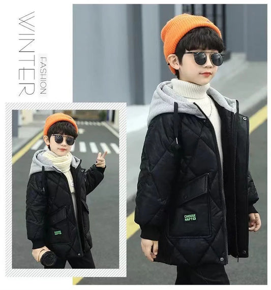 Winter Boys Outerwear Thicken Warm Coats Kids Plus Velvet Jackets Hooded Trends Overcoat 2023 Teens Casual Windproof Parkas