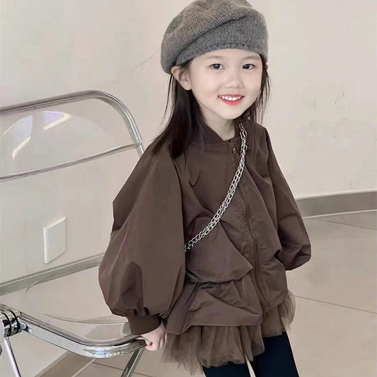 Girls' Coat Korean Version Fake Two-Piece Mesh Children's Coat Top Spring And Autumn New Children's Clothing Baby Kids Jacket