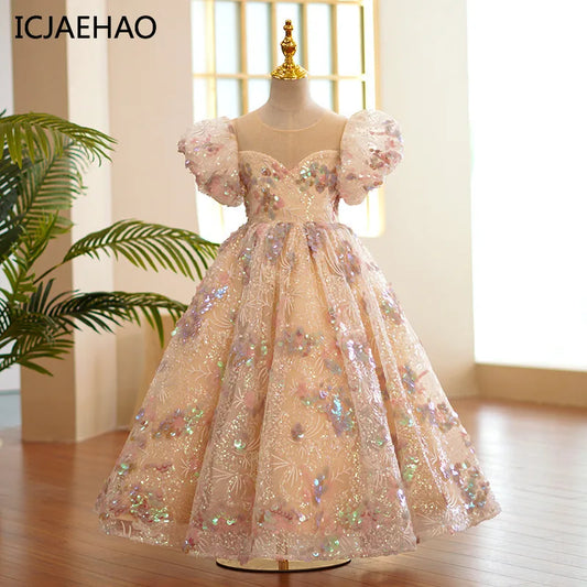 ICJAEHAO Children Evening Dress for Girls 1-12 Years Kids Birthday Party Fluffy Ball Gown Wedding Prom Formal Lace Vintage dress