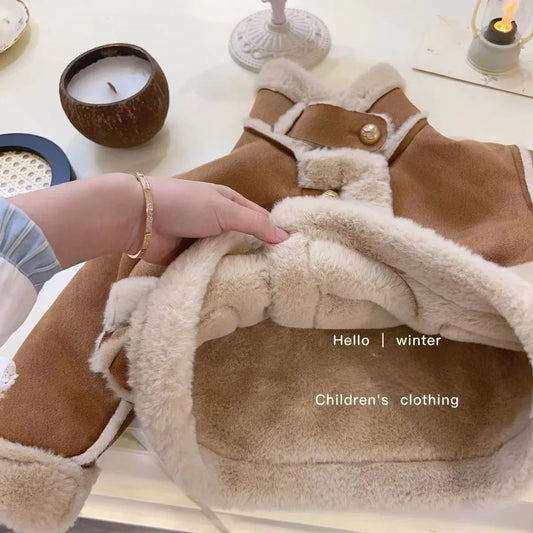 Girls Coat 2024 New Style with Plush and Thickened Childrens Clothes Top Fashionable Baby Winter Cotton Jacket