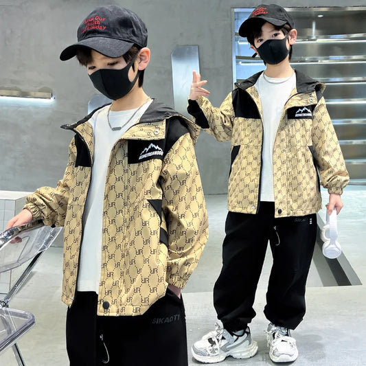 Spring Autumn Children Coats Black Khaki Streetwear Fashion Hooded Bomber Jacket Boy Windproof Trench Tops Coat  TR109