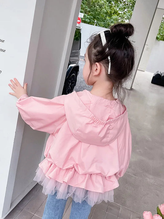 Girls Spring  Autumn New Fashionable Loose pleated Mesh Bubble Sleeves Hooded Little Princess Casual Coat