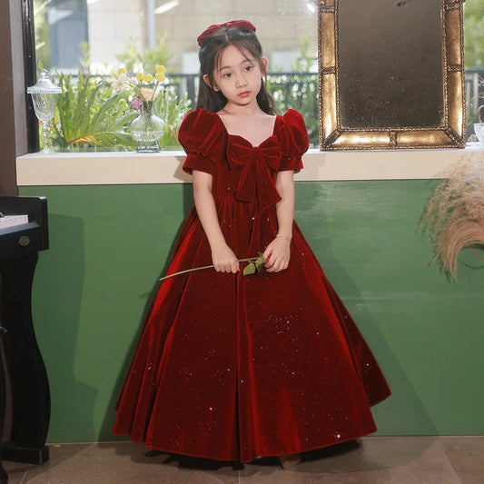 Red Flower Girls Dress Square Collar Short/Long Sleeve Bowknot Velvet Wedding Party Gown Simple Elegant Kids Prom Gown