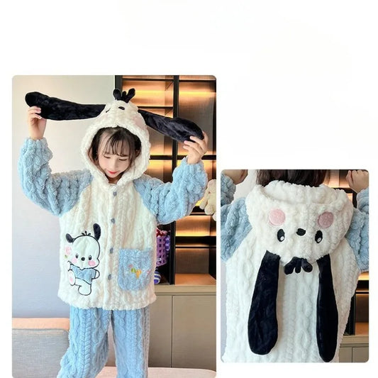 Sanrio Kuromi Autumn Girl Clothing Cinnamoroll Children My Melody Flannel Cotton Pajama Casual Anime Long Sleeved Pyjama Winter