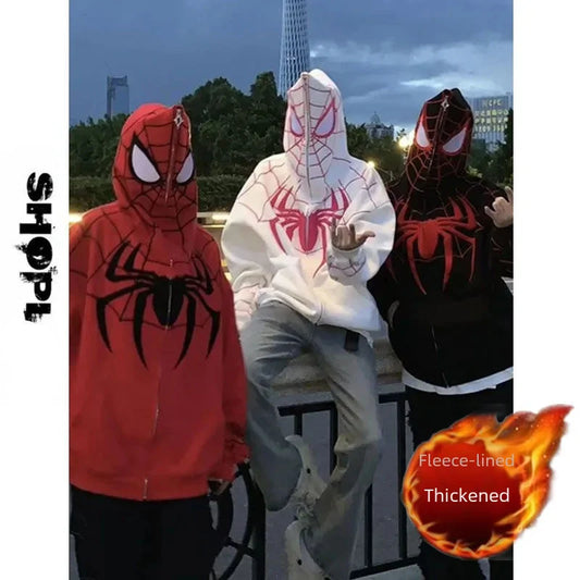 Instrendy Brand American Style Spiderman Hooded Sweatshirt Jacket For Men Women 2023 Autumn Winter Fleece-lined Versatile