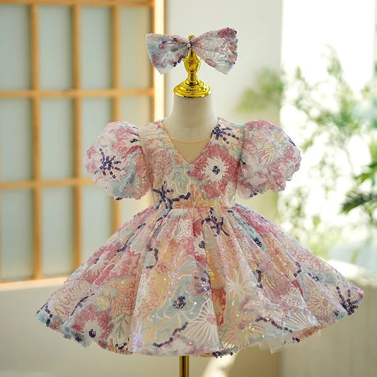 Luxury Birthday Party Dress for Girls with Bow Pink Embroidered Short Evening Gowns Kids Pageant Formal Occasion Dresses Wedding