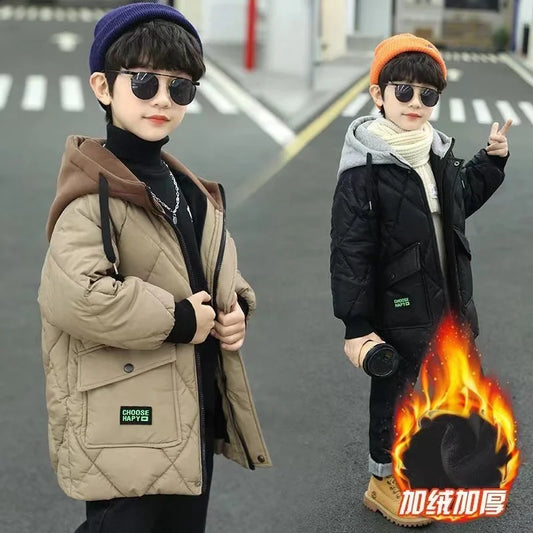 Winter Boys Outerwear Thicken Warm Coats Kids Plus Velvet Jackets Hooded Trends Overcoat 2023 Teens Casual Windproof Parkas