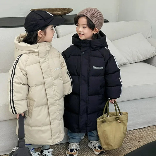 New Fashion Children Long Down Jackets for Boys Girls Autumn Winter Teen Cotton-Padded Kids Solid Casual Hooded Coats Outwear