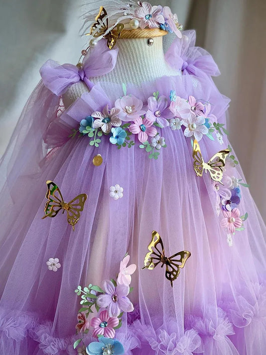 2024 Girls' New Flower Mesh Fluffy Skirt Big Butterfly Purple Sling Princess Dress Elegant Girls' Piano Performance Clothing