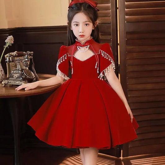 Girls Elegant Red Princess Ball Gown Children Birthday Baptism Party Wedding Piano Performance Dress y1042