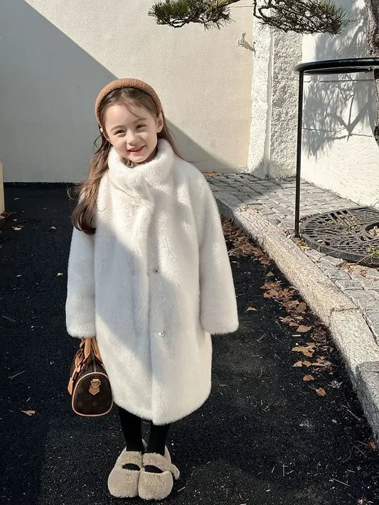 Cotton Thickened Warm Faux Fur Coat for Girls Children Baby Stand Up Collar Plush Cold Resistant Autumn and Winter Coat