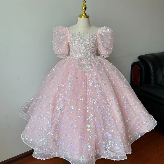 Pink sequins butterfly Beading Girl's Dresses Ball Gown Flower Girl Dress For Wedding Princess Birthday Party Pageant dress