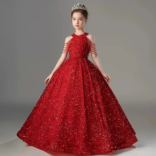 Little Girls Sequin Party Gown Teen Girls Cold Shoudler Long Formal Evening Cocktail Dress Kids Banquet Pageant Dresses