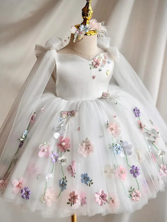 Gorgeous Lolita Princess Dress, Girl's White Flower Mesh Wedding Dress, Fluffy Dress, Formal Christmas Gift for 2-10 Years Old