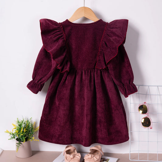 Autumn/winter Girls Fashion Dress Solid Color Children's Clothes Velvet Long-sleeved Princess Dress Fly Sleeve Sweet Comfortable