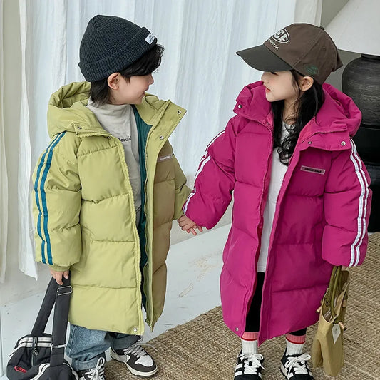 2024 Winter Children Long Downcoats Korean Fashion Girls Boys Casual Cotton Thicken Warm Hooded Jackets Kids Windproof Outerwear