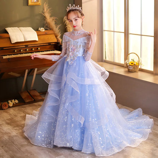 Child Teen Girl Evening Dresses Long Luxury Blue Tulle Birthday Party Formal Kids Bridesmaid Wedding Sequin Pageant Vestidos