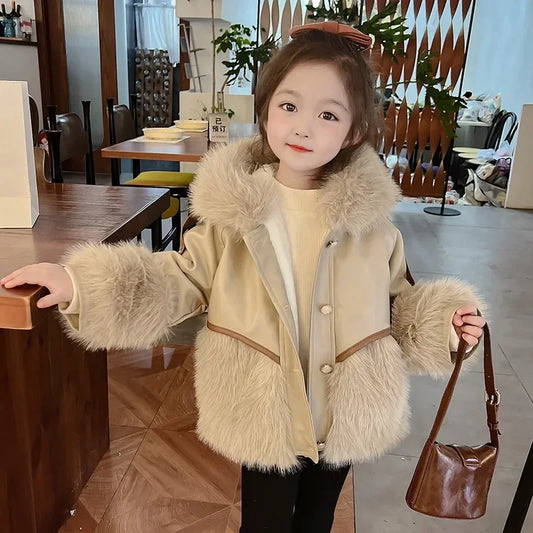 Girls Autumn and Winter Coats 2024 New Baby Winter Style Plus Fleece Fur Children Top Fur Korean Simple Style Fashion Clothes