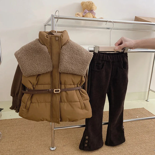 Girls Autumn Winter Coat Thick Cotton Short Waistcoat High Collar Versatile Bottoming Shirt Thickened Bell Bottoms Kids Clothes