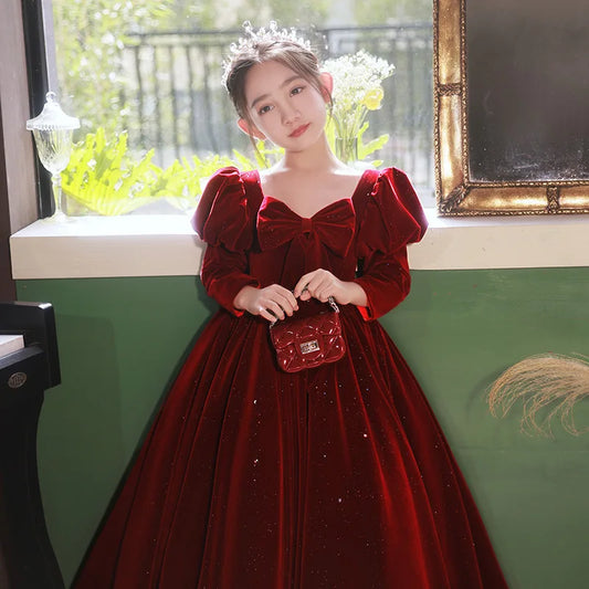 2024 Teenmiro Prom Dress for Girls Children Elegant Red Velvet Long Evening Dresses Kid Luxury Evening Ball Gown Teens Partywear