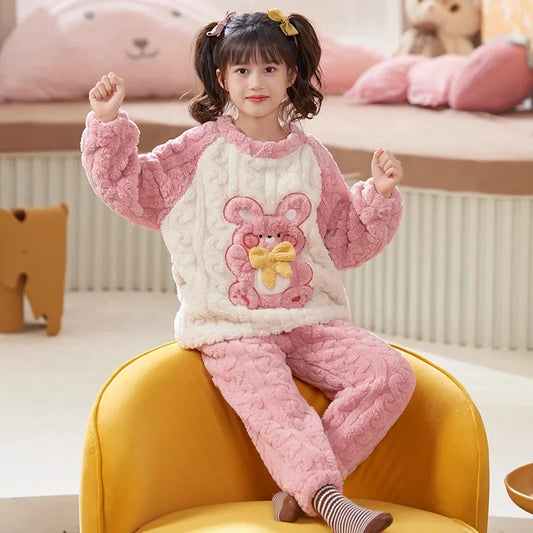 Girls Cartoon Floral Jacquard Pajama Set Thickened Winter Coral Fleece Princess Sleepwear Home Clothes For Medium To Large Kids