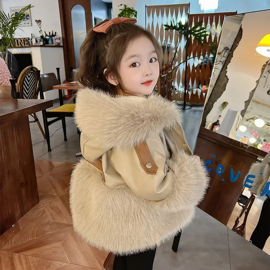 Girls Autumn and Winter Coats 2024 New Baby Winter Style Plus Fleece Fur Children Top Fur Korean Simple Style Fashion Clothes