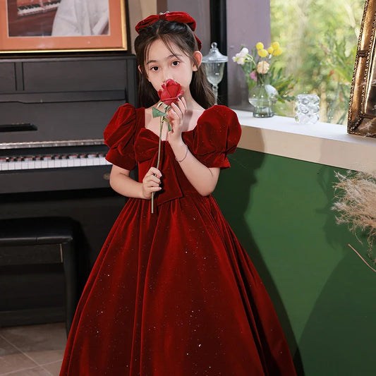 Red Flower Girls Dress Square Collar Short/Long Sleeve Bowknot Velvet Wedding Party Gown Simple Elegant Kids Prom Gown