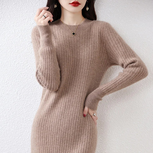 2023 Winter Cashmere Dresses Hot Sale 100% Pure Wool Knitted O-neck Sweater Women Long Sleeve Standard Knitwear