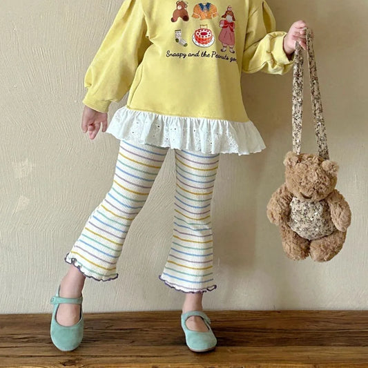 Girl Pants Autumn 2024 New Striped Bell-bottoms Baby Leggings Colorful Casual Simple Fashion Sweet Korean Active Vintage Cute