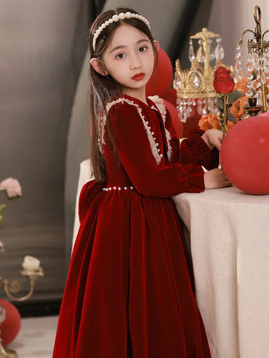 2024 Teenmiro Designer Christmas Party Dress for Girls Kids Wine Red Beading Velvet Dresses Children Elegant Vintage Ball Gowns