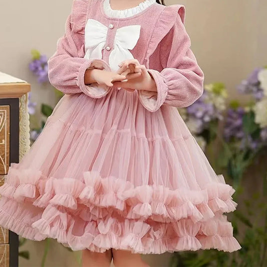 Autumn Winter Korean Harajuku Sweet Girls Princess Dress Kawaii Bow Party Dress Long Sleeve Ball Gown Solid Children's Clothing