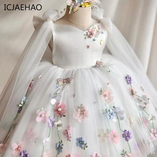 ICJAEHAO Gorgeous Lolita Princess Dress Matching Baby Girl's White Flower Mesh Wedding Fluffy Formal Clothes for 2-10 Years Old