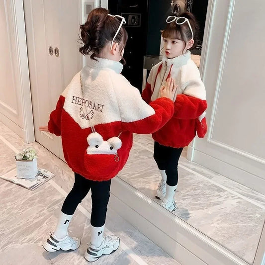 Children's Fleece-lined Thickened Wool Coat Jacket For Girls Autumn/winter 2023 New Year's Stylish Big Kid Sweater