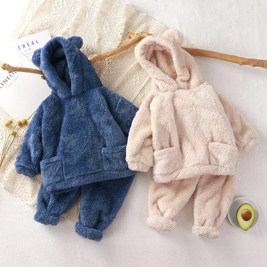 Girls' Clothing Set 2023 New Children's Autumn New Fleece Bear Ear Hooded Top+Pants Two Piece Children's Fashion Set